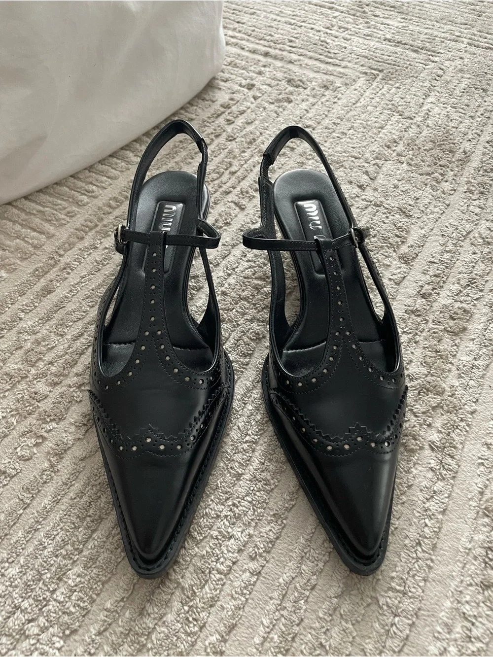 Miu Miu Brushed leather brogue slingback T-strap kitten heels